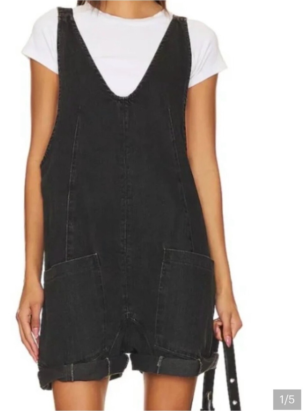 We The Free Black Denim Short Overalls
